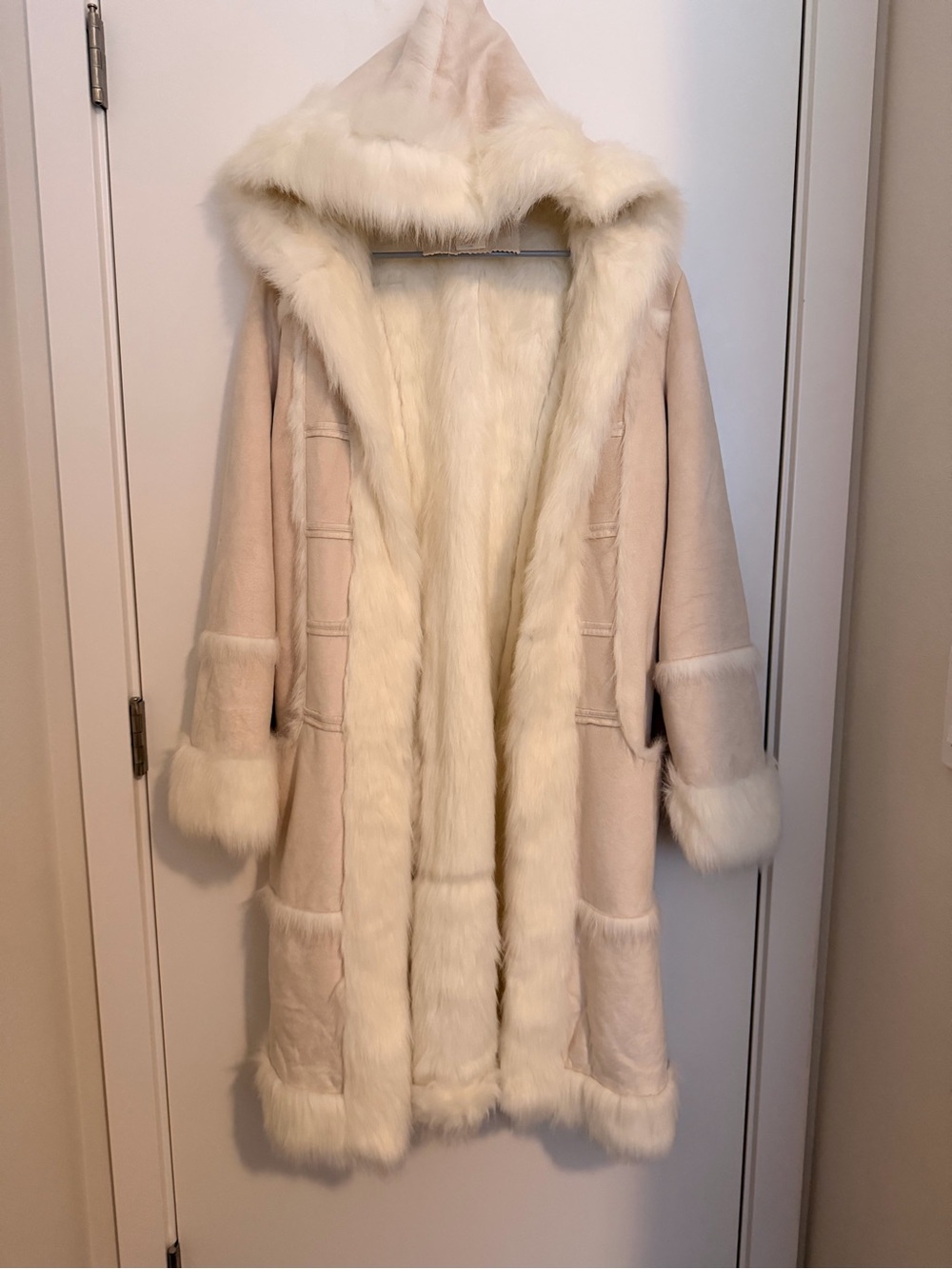 Marciano Cream Hooded Faux-Fur Trim Shearling Coat
